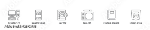 Responsive web design icon set flow process illustrationwhich consists of tablets, html5 css3, e book reader, laptop, smart phone, desktop pc icon live stroke and easy to edit 