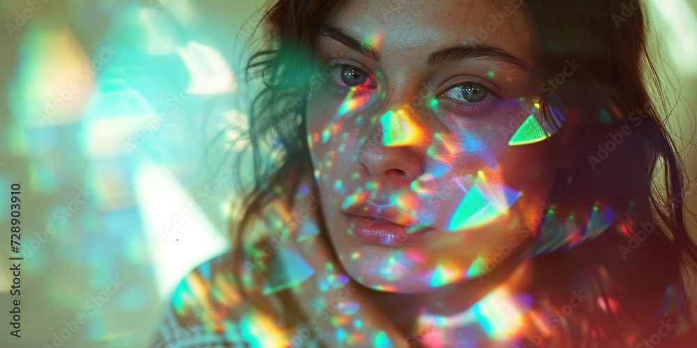 Young woman model in their 20s posing in a prism stained glass rainbow spectrum bright color lighting. Natural beauty, youth, face skin care, fashion and makeup concept background
