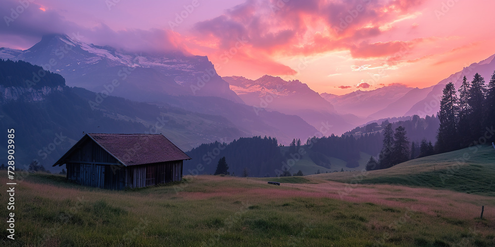 Swiss Alps snowy mountain range with valleys and meadows, countryside in Switzerland landscape. Golden hour majestic fiery sunset sky, travel destination wallpaper background Swiss Alps snowy mountain range with valleys and meadows, countryside in Switzerland landscape. Golden hour majestic fiery sunset sky, travel destination wallpaper background