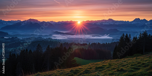 Swiss Alps snowy mountain range with valleys and meadows, countryside in Switzerland landscape. Golden hour majestic fiery sunset sky, travel destination wallpaper background