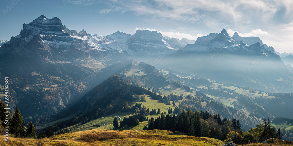 Swiss Alps mountain range with lush forest valleys and meadows, countryside in Switzerland landscape. Serene idyllic panorama, majestic nature, relaxation, calmness concept