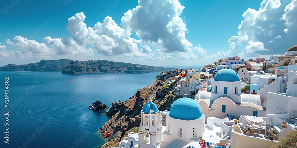 Naklejka premium Santorini Thira island in southern Aegean Sea, Greece daytime. Fira and Oia town with white houses overlooking cliffs, beaches, and small islands panorama background wallpaper
