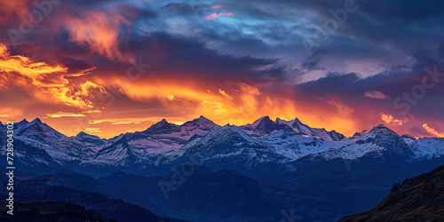 Swiss Alps snowy mountain range with valleys and meadows, countryside in Switzerland landscape. Golden hour majestic fiery sunset sky, travel destination wallpaper background