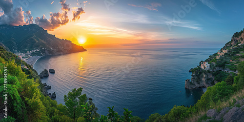 Amalfi coast coastline in Sorrentine Peninsula, Campania region, Italy. Holiday destination shoreline with hills, beaches, and cliffs, sea view, sunset golden hour wallpaper