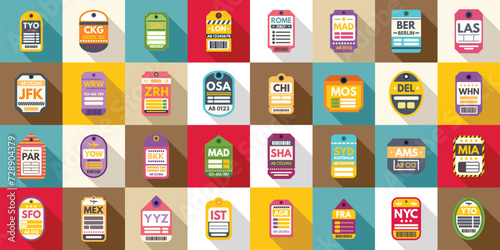Airport travel tags icons set flat vector. Luggage baggage. Plane flight tag