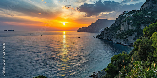 Amalfi coast coastline in Sorrentine Peninsula, Campania region, Italy. Holiday destination shoreline with hills, beaches, and cliffs, sea view, sunset golden hour wallpaper