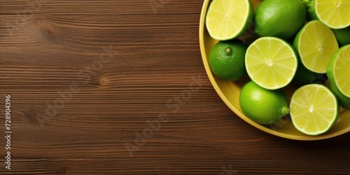 Lime slices in a bowl with empty space for text, seen from above on a wooden table.