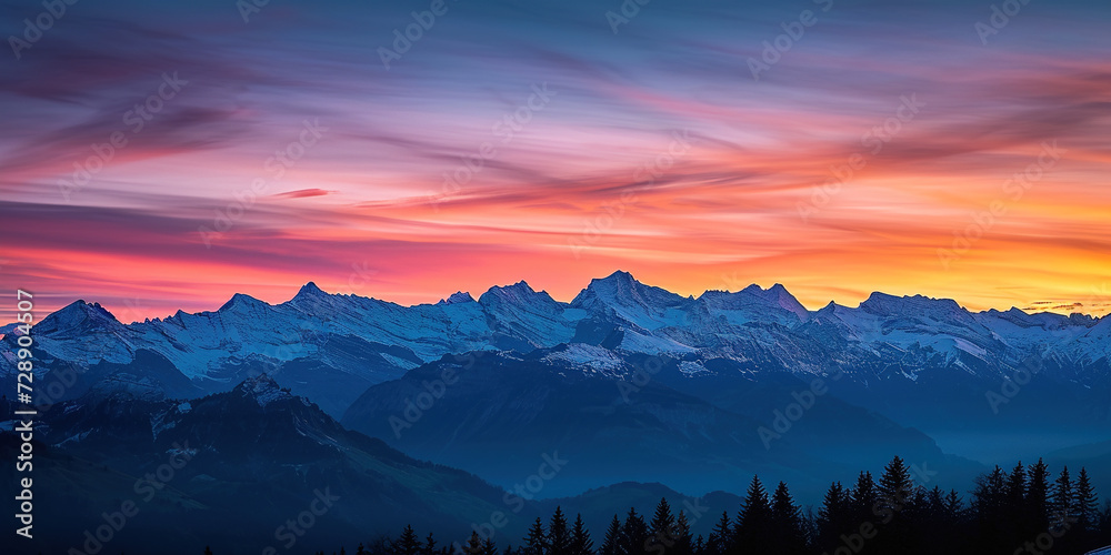 Swiss Alps snowy mountain range with valleys and meadows, countryside in Switzerland landscape. Golden hour majestic fiery sunset sky, travel destination wallpaper background Swiss Alps snowy mountain range with valleys and meadows, countryside in Switzerland landscape. Golden hour majestic fiery sunset sky, travel destination wallpaper background