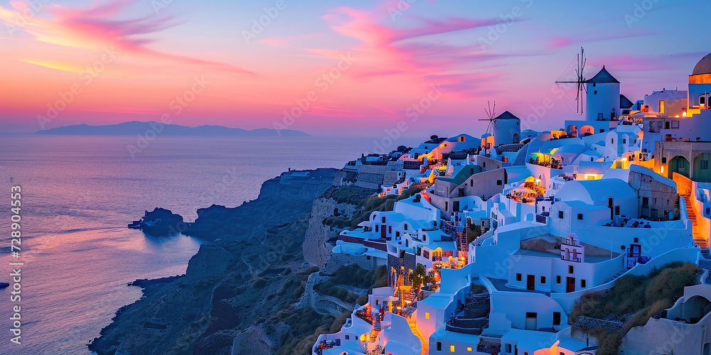 Santorini Thira island in southern Aegean Sea, Greece sunset. Fira and Oia town with white houses overlooking cliffs, beaches, and small islands panorama background wallpaper - obrazy, fototapety, plakaty 