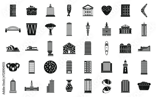 Sydney icons set simple vector. Australia city. Building architecture house