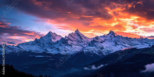 Swiss Alps snowy mountain range with valleys and meadows, countryside in Switzerland landscape. Golden hour majestic fiery sunset sky, travel destination wallpaper background © Ars Nova