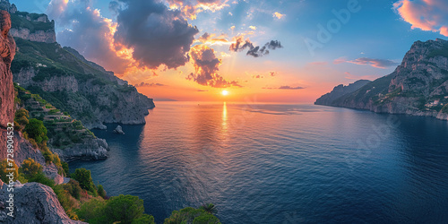 Amalfi coast coastline in Sorrentine Peninsula, Campania region, Italy. Holiday destination shoreline with hills, beaches, and cliffs, sea view, sunset golden hour wallpaper photo