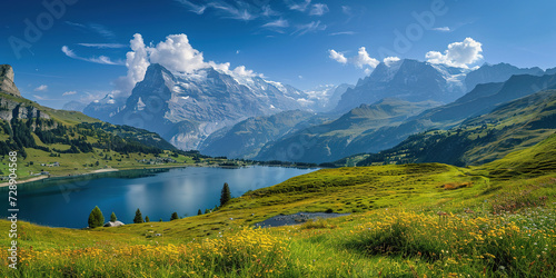 Swiss Alps mountain range with lush forest valleys and meadows  countryside in Switzerland landscape. Serene idyllic panorama  majestic nature  relaxation  calmness concept