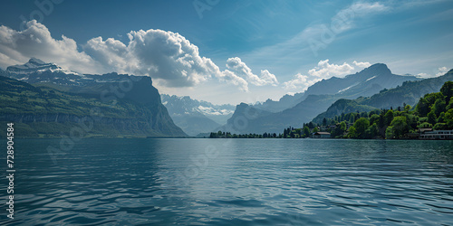 Swiss Alps mountain range with lush forest valleys and meadows, countryside in Switzerland landscape. Serene idyllic panorama, majestic nature, relaxation, calmness concept