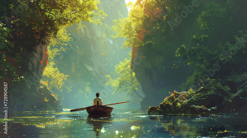Boy Rowing a Boat in a River through the Forest