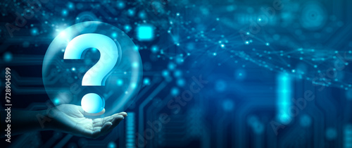 Man hand holding digital question mark holographic. Abstract Technology background. Q and A discussion. FAQ, Support, Question and Answer. Help service business Concept