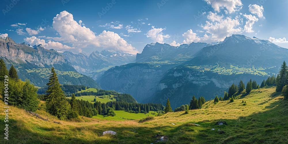 Swiss Alps mountain range with lush forest valleys and meadows, countryside in Switzerland landscape. Serene idyllic panorama, majestic nature, relaxation, calmness concept