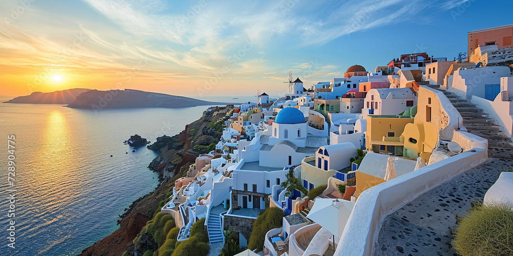 Santorini Thira island in southern Aegean Sea, Greece sunset. Fira and Oia town with white houses overlooking cliffs, beaches, and small islands panorama background wallpaper - obrazy, fototapety, plakaty 