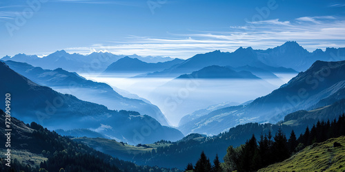 Swiss Alps mountain range with lush forest valleys and meadows, countryside in Switzerland landscape. Serene idyllic panorama, majestic nature, relaxation, calmness concept © Ars Nova