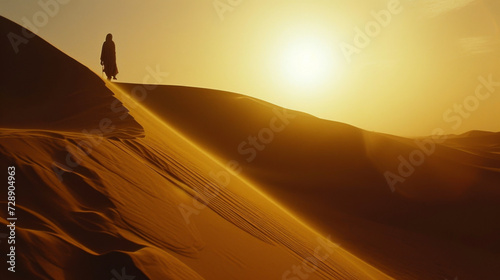 A backlit scene of dunes and the distant silhouette of a nomadic traveler.
