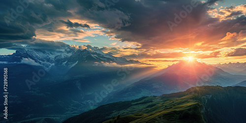 Swiss Alps snowy mountain range with valleys and meadows, countryside in Switzerland landscape. Golden hour majestic fiery sunset sky, travel destination wallpaper background