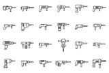 Electric hammer drill icons set outline vector. Construction tool. Industry chisel