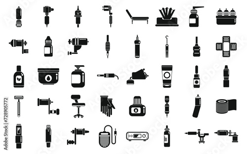 Tattoo equipment icons set simple vector. Machine needle. Studio tool fashion