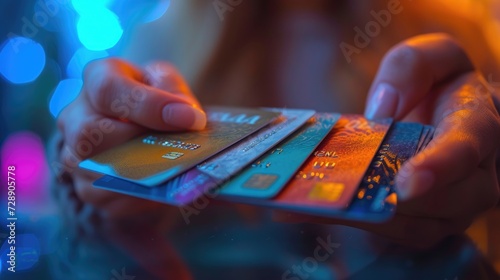 Close-up of a woman's hand selecting one credit card from a pile, highlighting consumerism and financial choices.