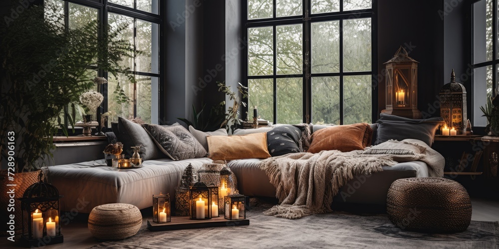 Boho style living room with a black lamp, candles, and window light.