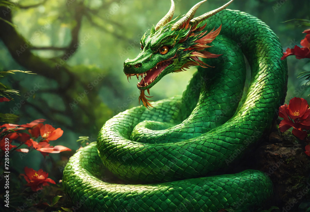 Serpentine Dragon. Dragon headed snake coiling in greenery of forest. - obrazy, fototapety, plakaty 
