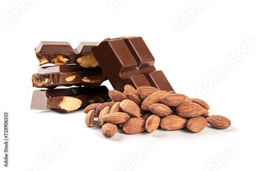 Chocolate with almonds isolated on white background.