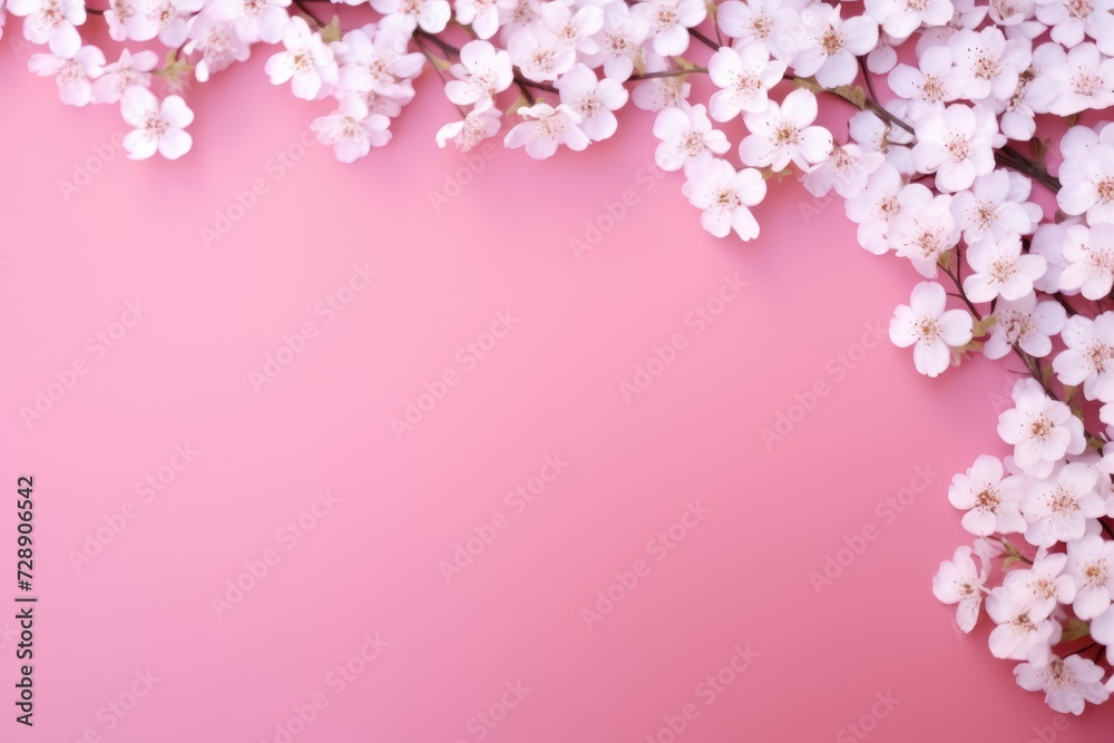 Border delicate white flowers on pink background top view. Space for text. Flat lay style with copy space for advertiser