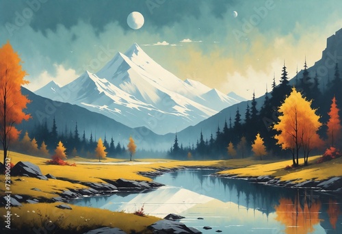 Autumn Mountain Landscape with Calm River, Serene Nature Scene with Snow-Capped Peaks and Fall Colors