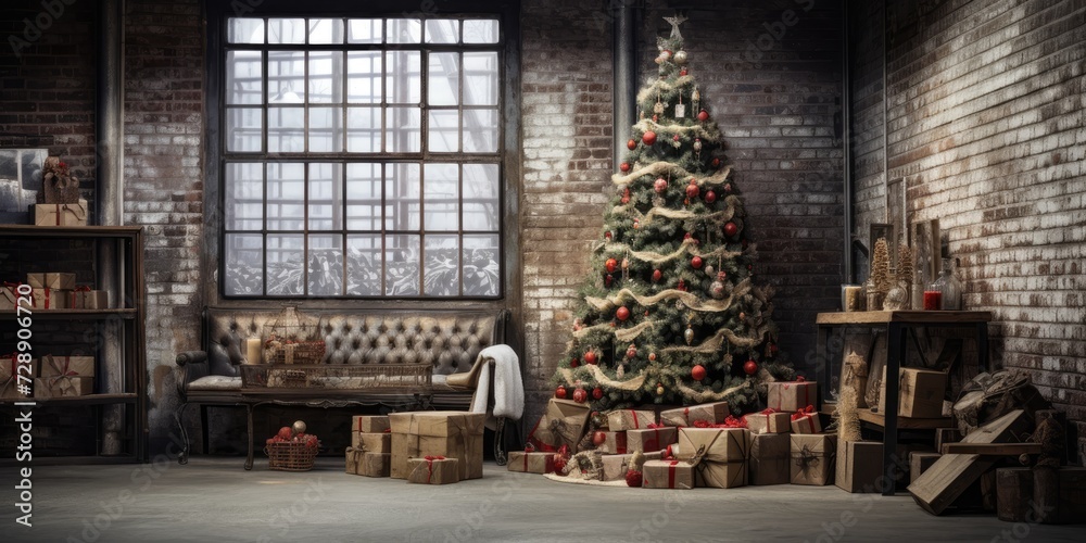 Rustic loft with Christmas tree and presents beneath.