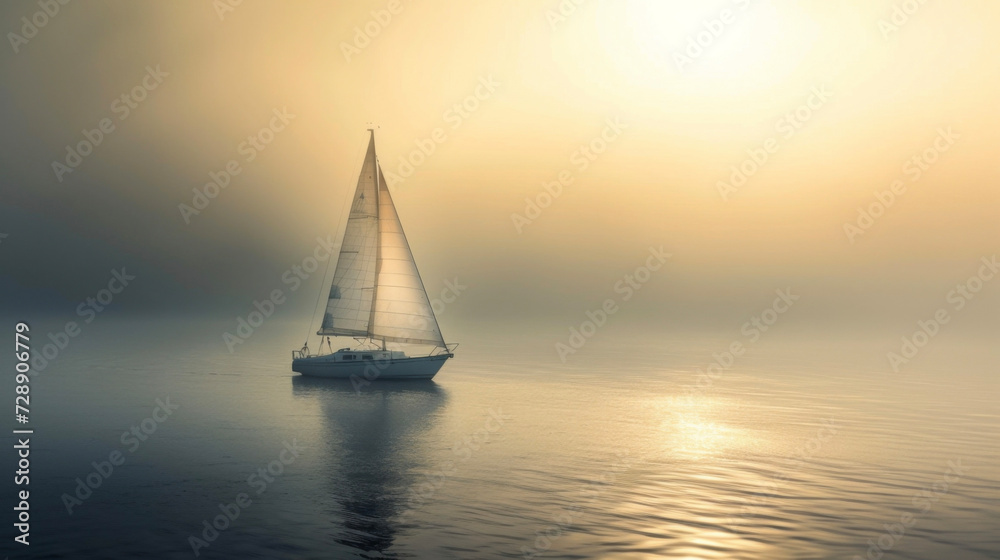 A sailboat floating in the soft hazy light of the sun creating a peaceful and idyllic scene.