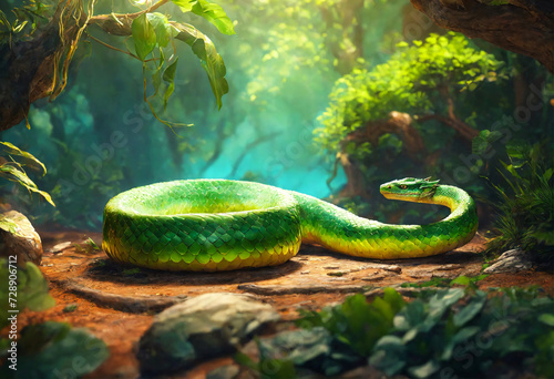 Green snake coiling in greenery of highland forest