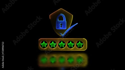 Looping neon glow effect padlock icon on shield Five stars verify authenticity, black background photo