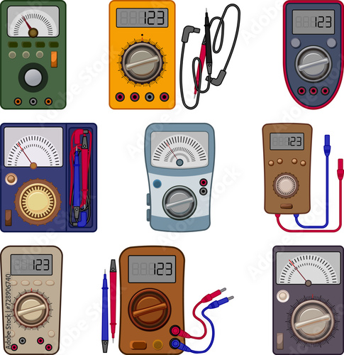 Multimeter icons set cartoon vector. Digital voltmeter. Electric test meter photo