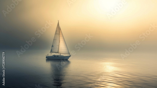 A sailboat floating in the soft hazy light of the sun creating a peaceful and idyllic scene.