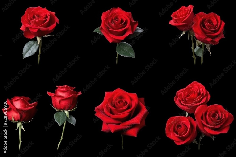 Fototapeta premium Collage of red roses on black background, Valentine's day, Mother's day, Women's Day and love concept
