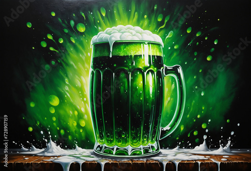  St. Patrick's Day festive concept illustration. A mug of green beer. Holiday background.