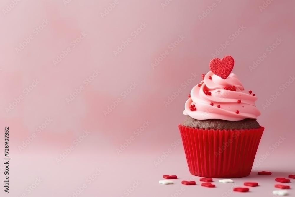 Delicious cupcake on pink background with copy space, Valentine's day, Mother's day, Women's Day and love concept Delicious cupcake on pink background with copy space, Valentine's day, Mother's day, Women's Day and love concept