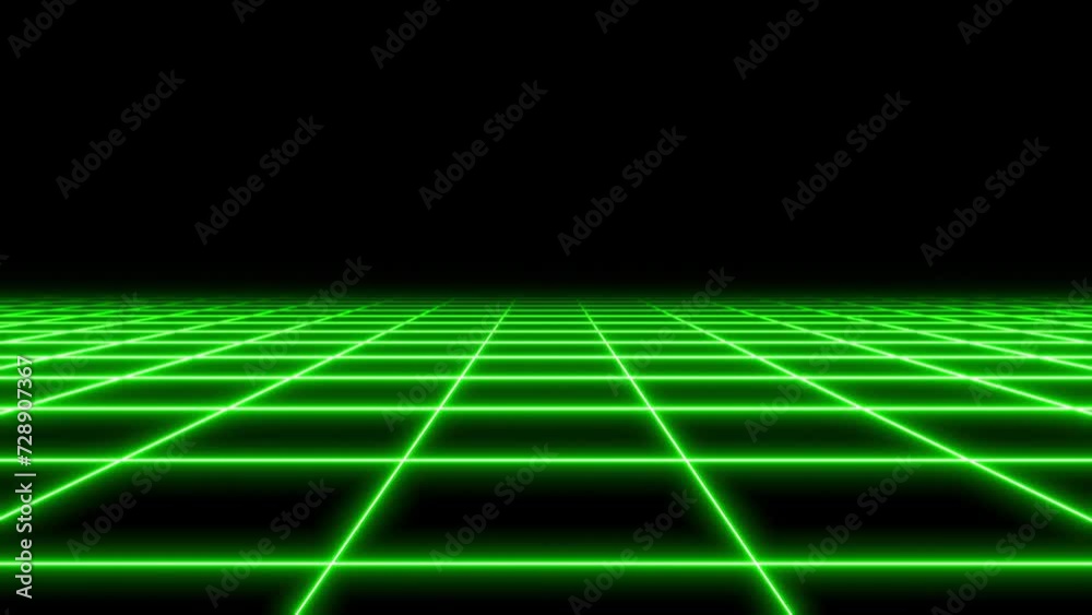 4K Parallax Retro Abstract VJ Motion Background Loop Inspired by 1980's: Infinite Flight Over Glowing Green Neon Square Grid, 3D Abstract 1980's Retrowave Cyberpunk Background with Neon Perspective Gr