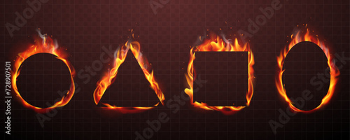 Blank geometric frames with realistic fire at the back. Collection of flame border for design of different shapes - circle, oval, square, triangle. Isolated on transparent background. Burning banner.