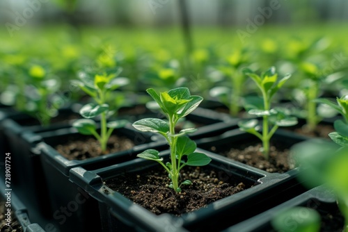 Spring seedlings in trays. Background with selective focus and copy space