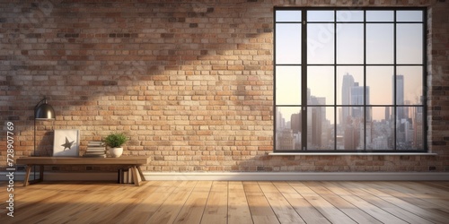 Modern loft style interior with large window, wooden floor, and brick wall; ed.