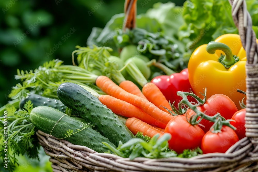 Harvest in a basket. Background with selective focus and copy space Harvest in a basket. Background with selective focus and copy space
