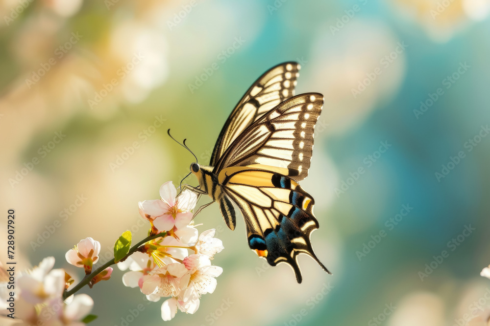Butterfly on spring blooming fruit trees. Background with selective focus and copy space Butterfly on spring blooming fruit trees. Background with selective focus and copy space
