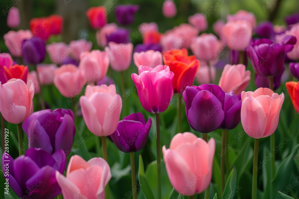 Flowerbed with spring tulips. Background with selective focus and copy space