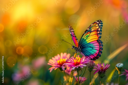 Butterfly on spring wildflowers. Background with selective focus and copy space